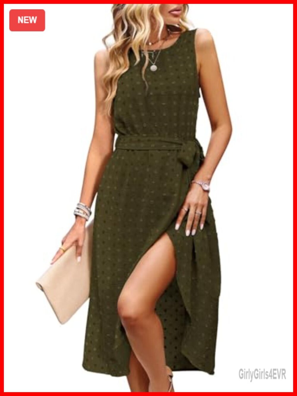 Falechay Women Sleeveless Belted Split Midi Dress Polka Dot with Pockets